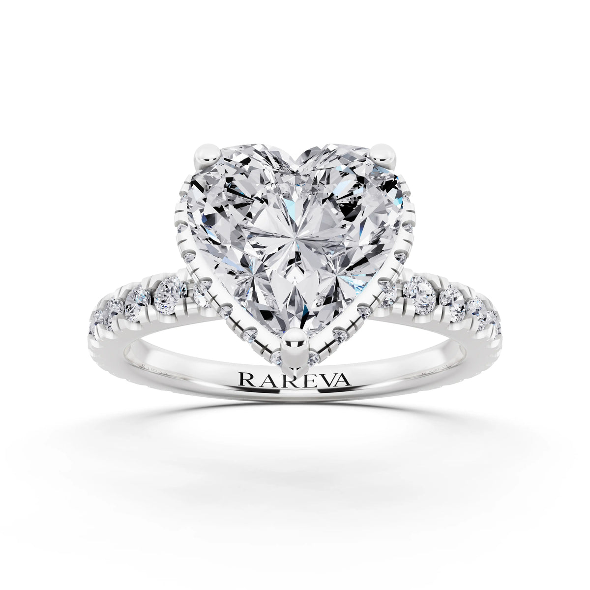Platinum Heart Cut Diamond Hidden Halo Ring with Pave Band - front view