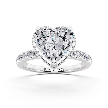 Platinum Heart Cut Diamond Hidden Halo Ring with Pave Band - front view