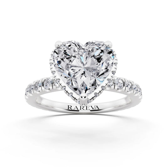 Platinum Heart Cut Diamond Hidden Halo Ring with Pave Band - front view