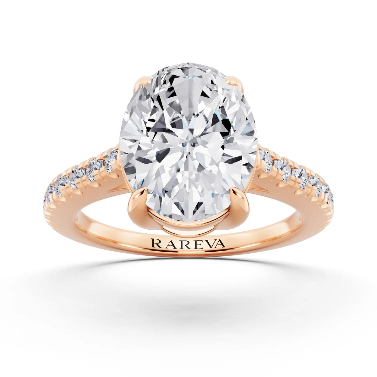 18 KT Rose Gold Oval Cut Diamond Claw Prong Solitaire Ring with French Pave Band - front view