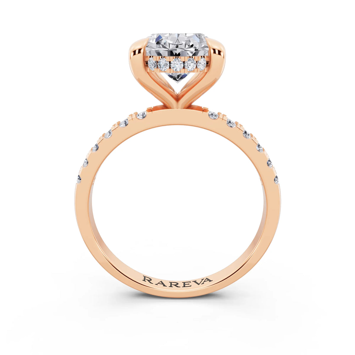18 KT Rose Gold Oval Cut Diamond Solitaire Ring with Round Pavé Band and Prong Setting - through finger