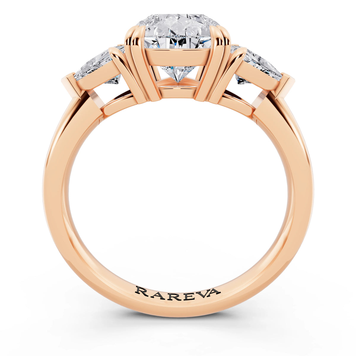 18 KT Rose Gold Pear Cut Diamond Three Stone Ring with Trillion Accents - through finger