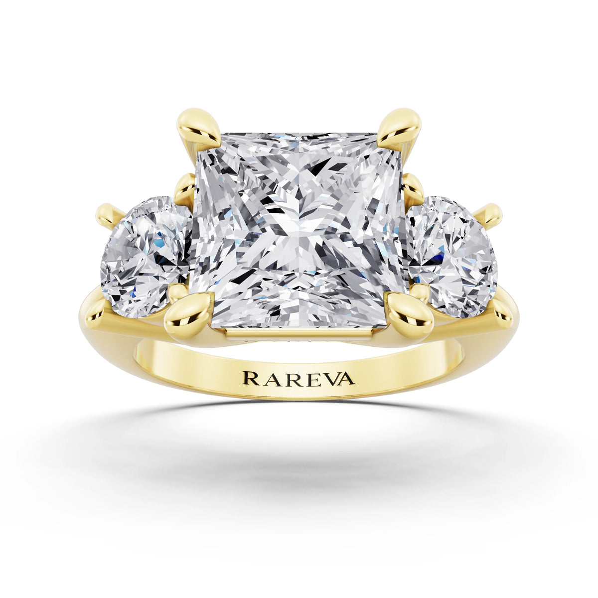 14 KT Yellow Gold Princess Cut Diamond Three Stone Ring with Round Accents - front view