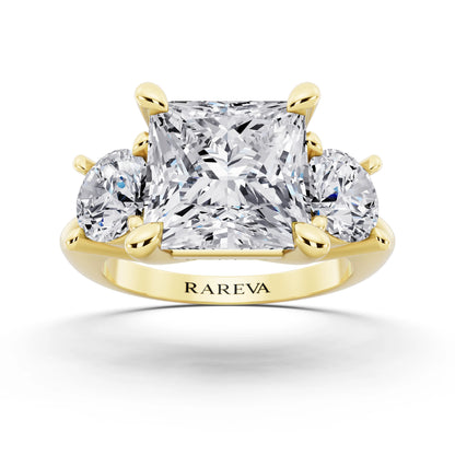 14 KT Yellow Gold Princess Cut Diamond Three Stone Ring with Round Accents - front view