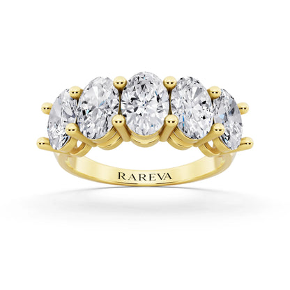 10K Yellow Gold Five Stone Oval Cut Diamond Half Eternity Wedding Band - 3mm - Front