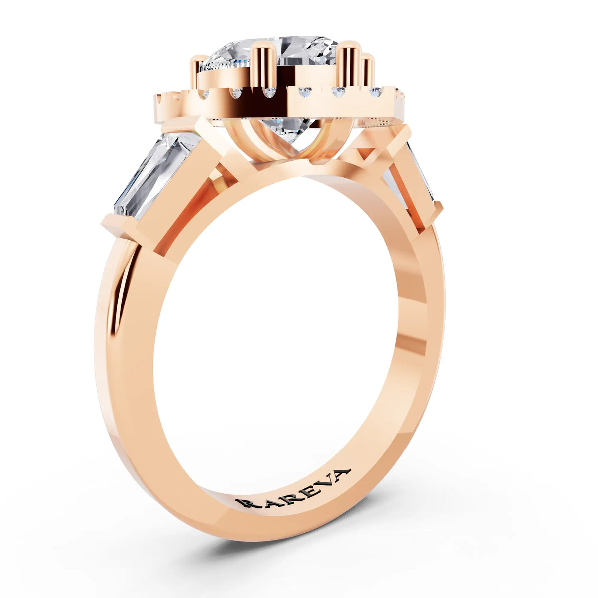 18 KT Rose Gold Heart Cut Diamond Halo Ring with Baguette Accents - top view