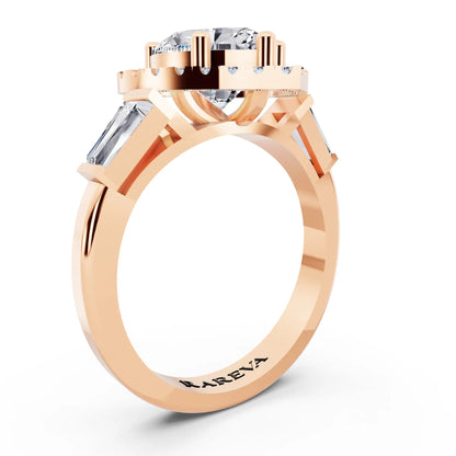18 KT Rose Gold Heart Cut Diamond Halo Ring with Baguette Accents - top view