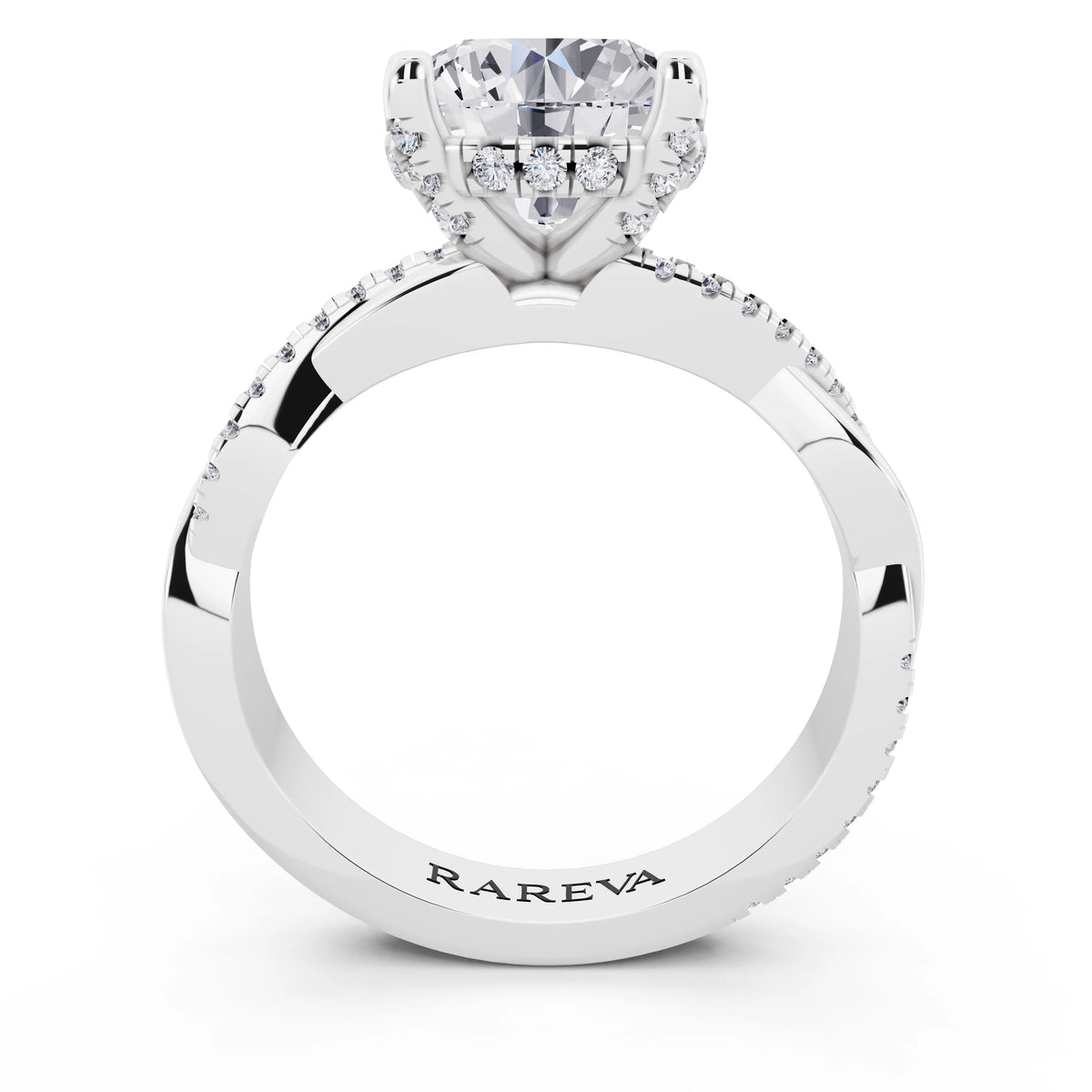 14 KT White Gold Round Cut Diamond Hidden Halo Ring with Twisted Pave Band - through finger