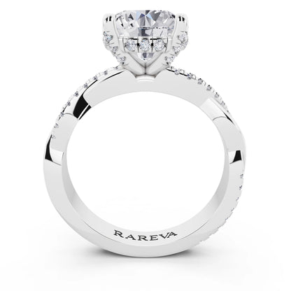 14 KT White Gold Round Cut Diamond Hidden Halo Ring with Twisted Pave Band - through finger
