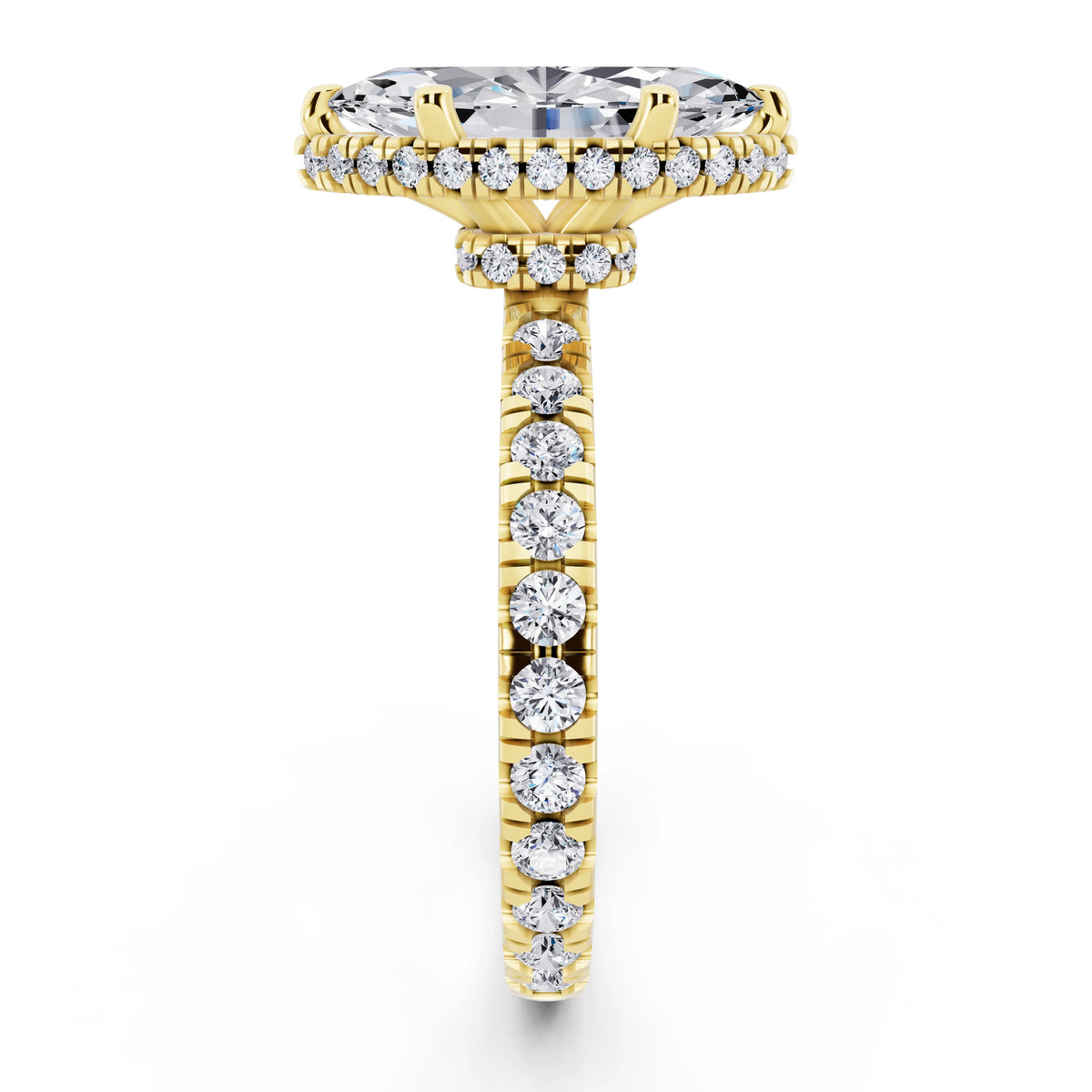 18 KT Yellow Gold Marquise Cut Diamond Hidden Halo Ring with Pave Band - side view