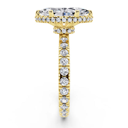 18 KT Yellow Gold Marquise Cut Diamond Hidden Halo Ring with Pave Band - side view