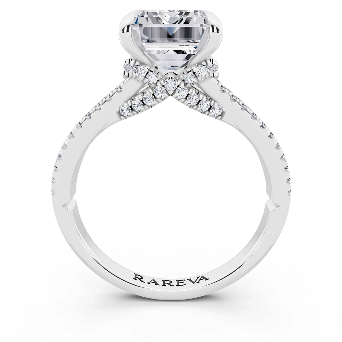 14 KT White Gold Emerald Cut Diamond Ring with Pavé Split Shank - through finger