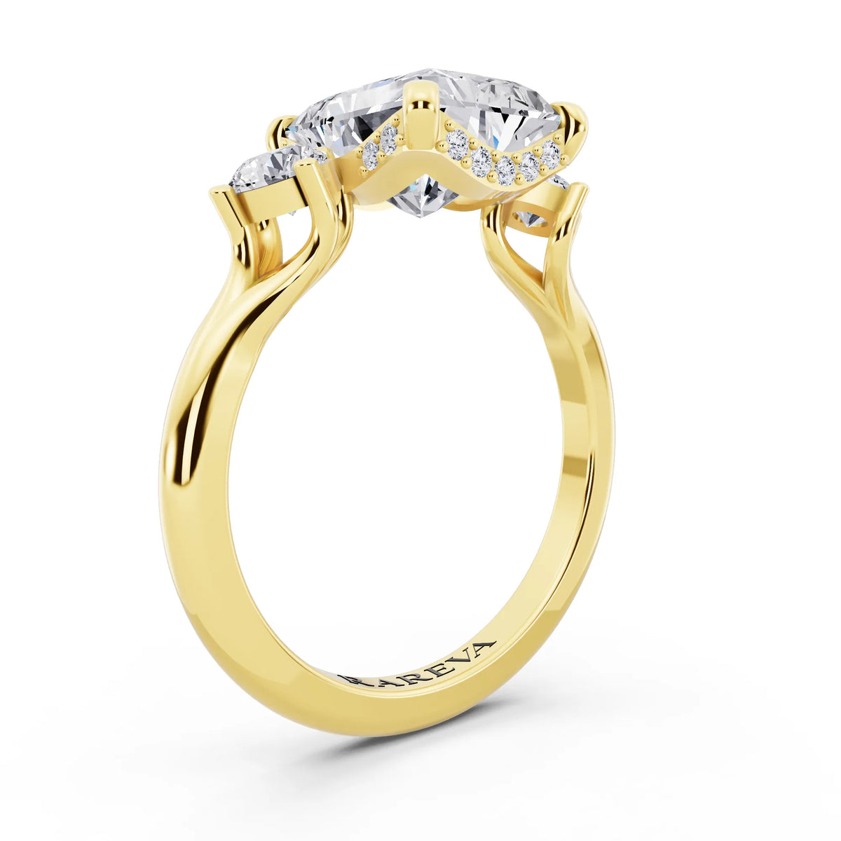 18 KT Yellow Gold Radiant Cut Diamond Three Stone Engagement Ring with Hidden Halo - top view