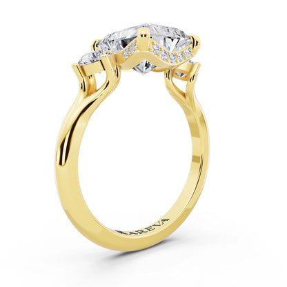 18 KT Yellow Gold Radiant Cut Diamond Three Stone Engagement Ring with Hidden Halo - top view