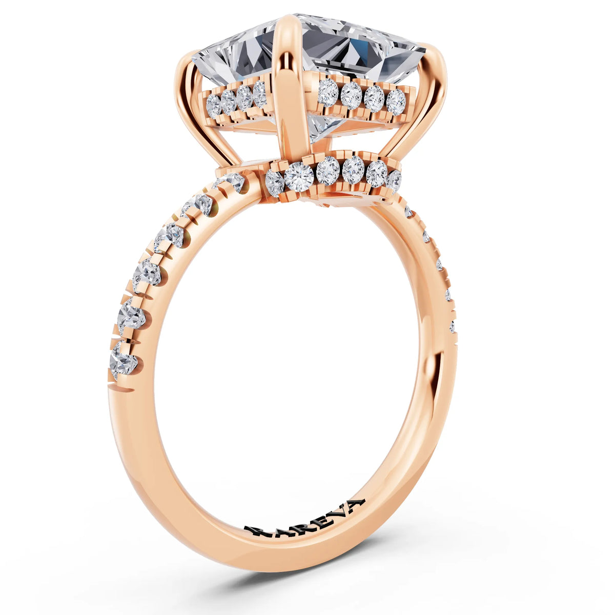 18 KT Rose Gold Princess Cut Diamond Hidden Halo Tiger Prong Pave Band Ring - top view