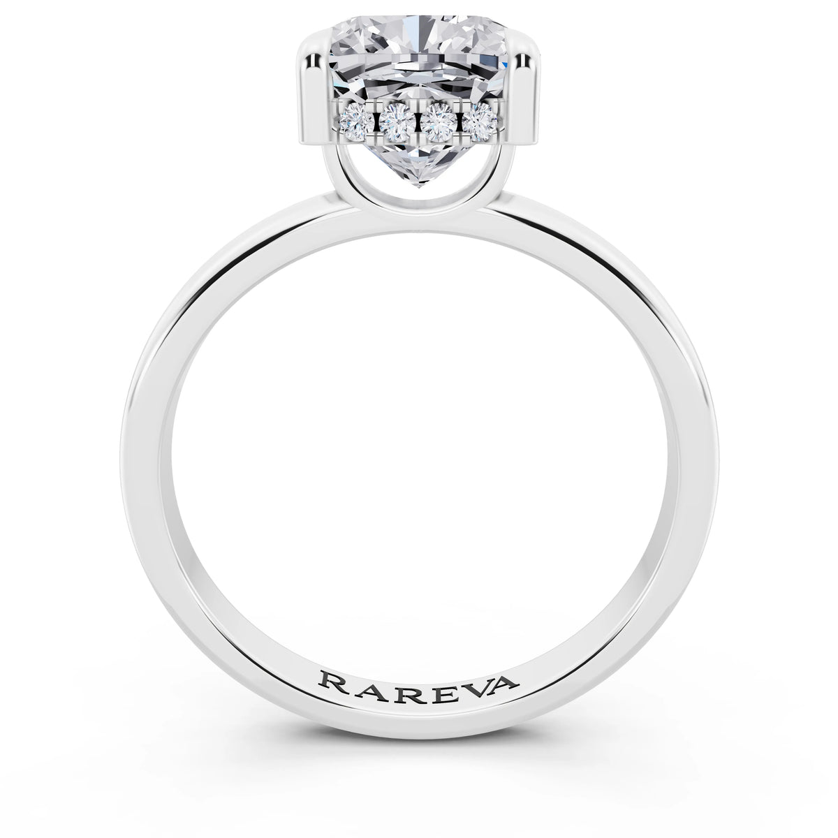 Platinum Cushion Cut Diamond Solitaire Ring with Hidden Halo - through finger
