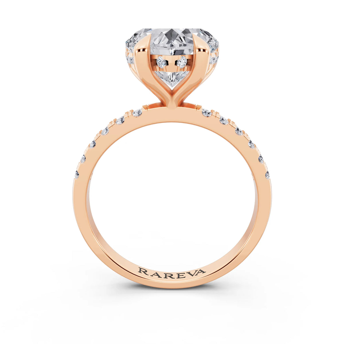 14 KT Rose Gold Heart Cut Diamond Solitaire Ring with Round Pavé Band and Prong Setting - through finger