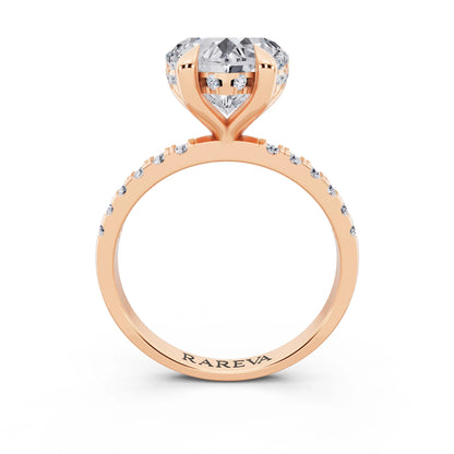 14 KT Rose Gold Heart Cut Diamond Solitaire Ring with Round Pavé Band and Prong Setting - through finger