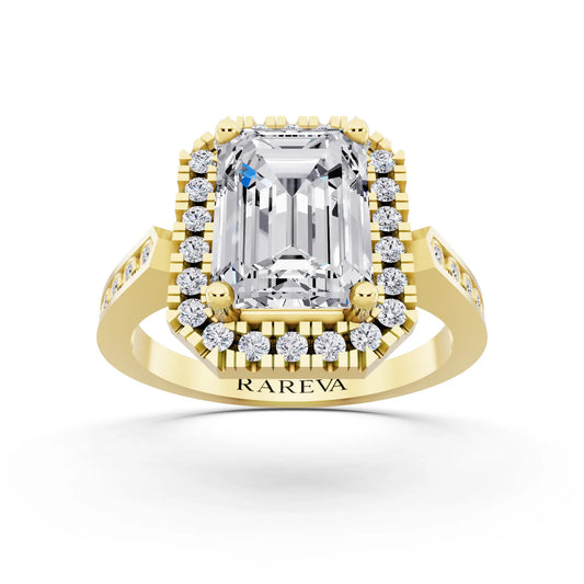 18 KT Yellow Gold Emerald Cut Diamond Halo Ring with Bezel Accent Band - front view