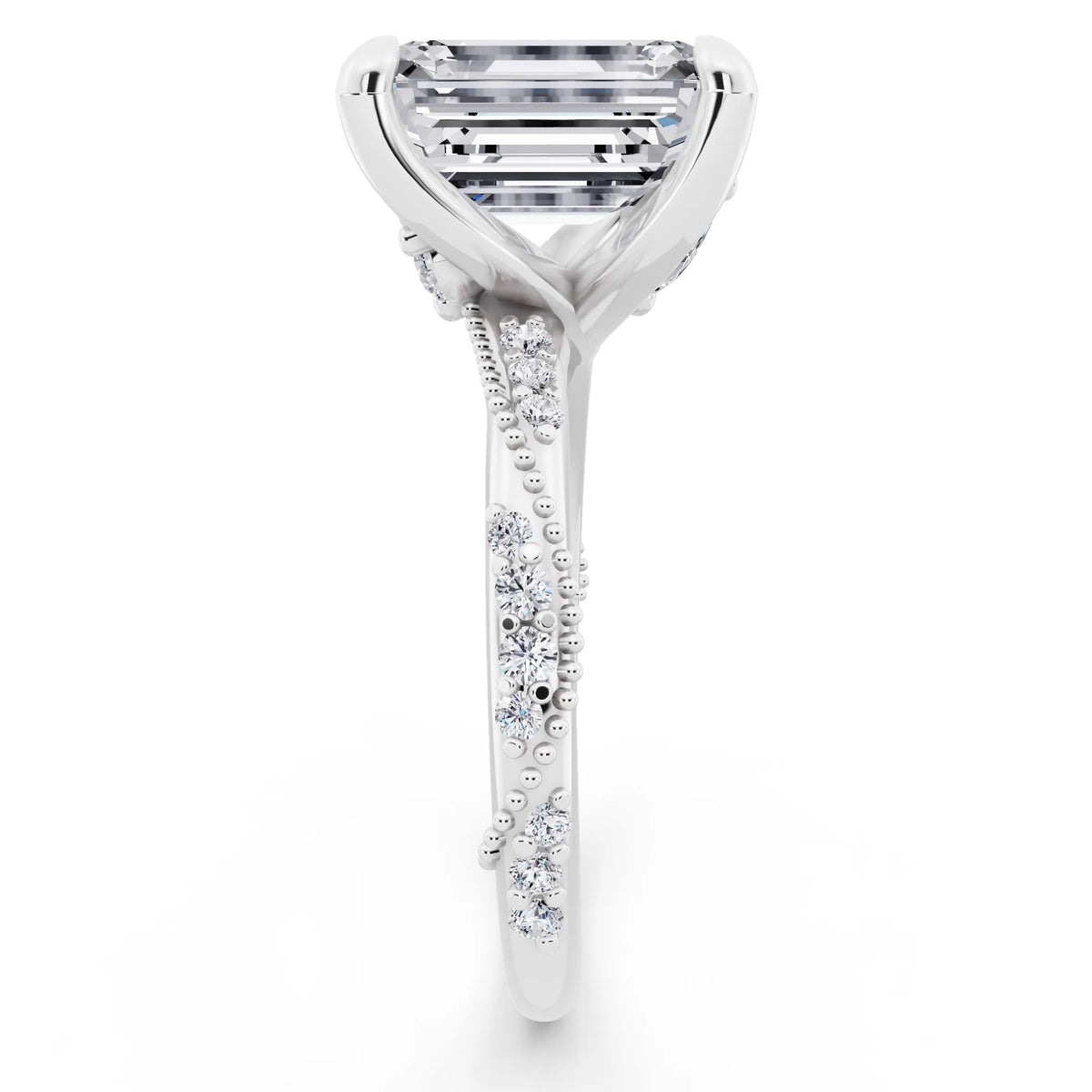 18 KT White Gold Emerald Cut Diamond Ring with Marquise Accent - side view