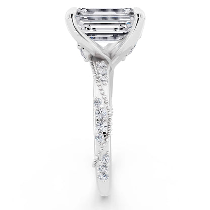 18 KT White Gold Emerald Cut Diamond Ring with Marquise Accent - side view