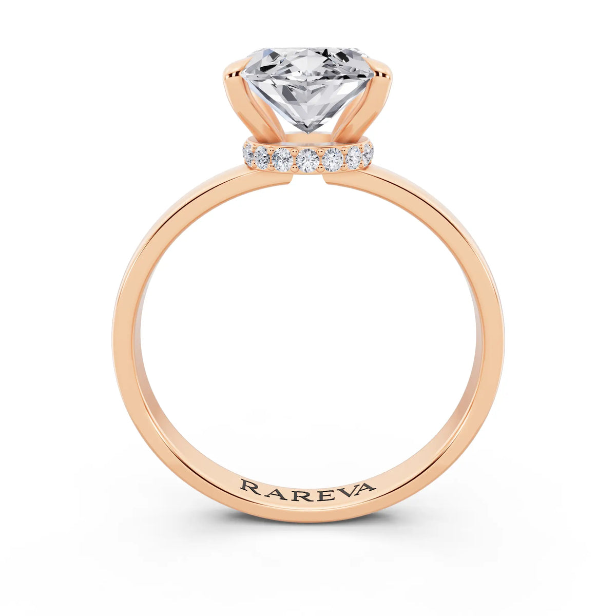 18 KT Rose Gold Marquise Cut Diamond Solitaire Ring with Pave Collar - through finger