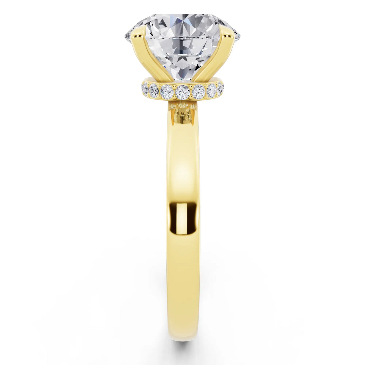 18 KT Yellow Gold Round Cut Diamond Solitaire Ring with Pave Collar - side view