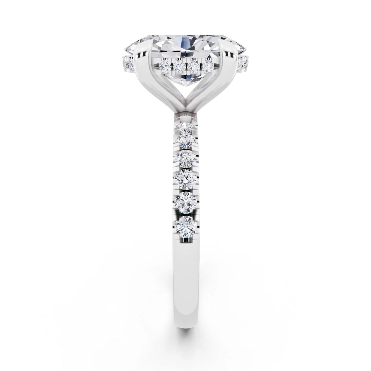 14 KT White Gold Oval Cut Diamond Solitaire Ring with Round Pavé Band and Prong Setting - side view