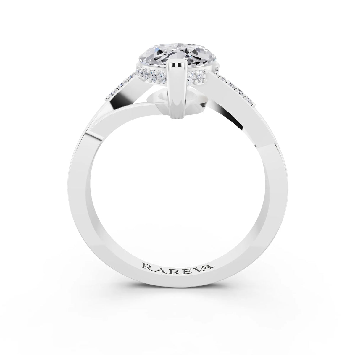 Platinum Marquise Cut Diamond Split Shank Engagement Ring with Hidden Halo - through finger