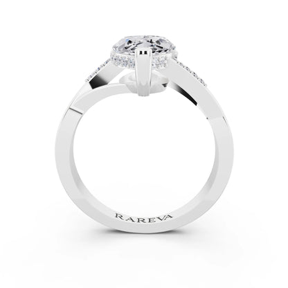 Platinum Marquise Cut Diamond Split Shank Engagement Ring with Hidden Halo - through finger