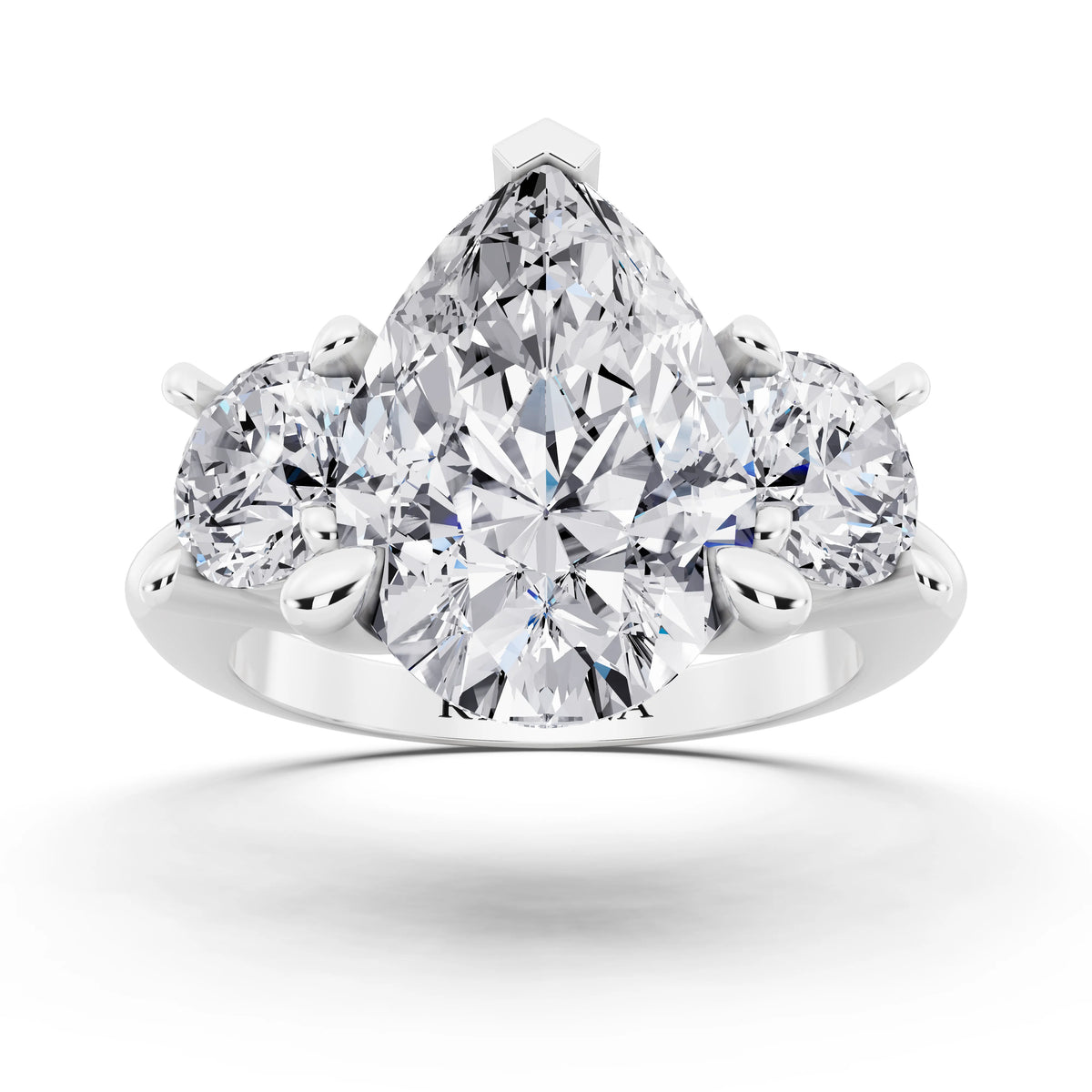 14 KT White Gold Pear Cut Diamond Three Stone Ring with Round Accents - front view
