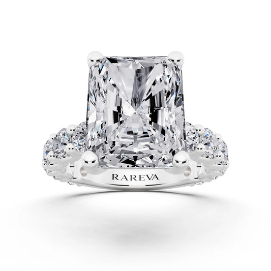 14 KT White Gold Radiant Cut Diamond Ring with Shared Prong Eternity Band - front view