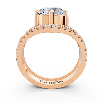 14 KT Rose Gold Round Cut Diamond Solitaire Ring with Pave V Band - Through