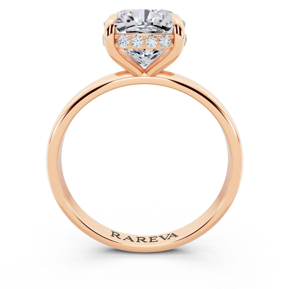 14 KT Rose Gold Cushion Cut Diamond Hidden Halo Solitaire Ring - through finger