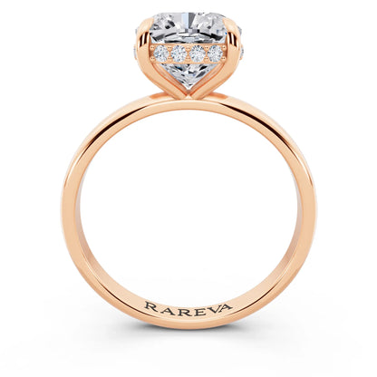 14 KT Rose Gold Cushion Cut Diamond Hidden Halo Solitaire Ring - through finger