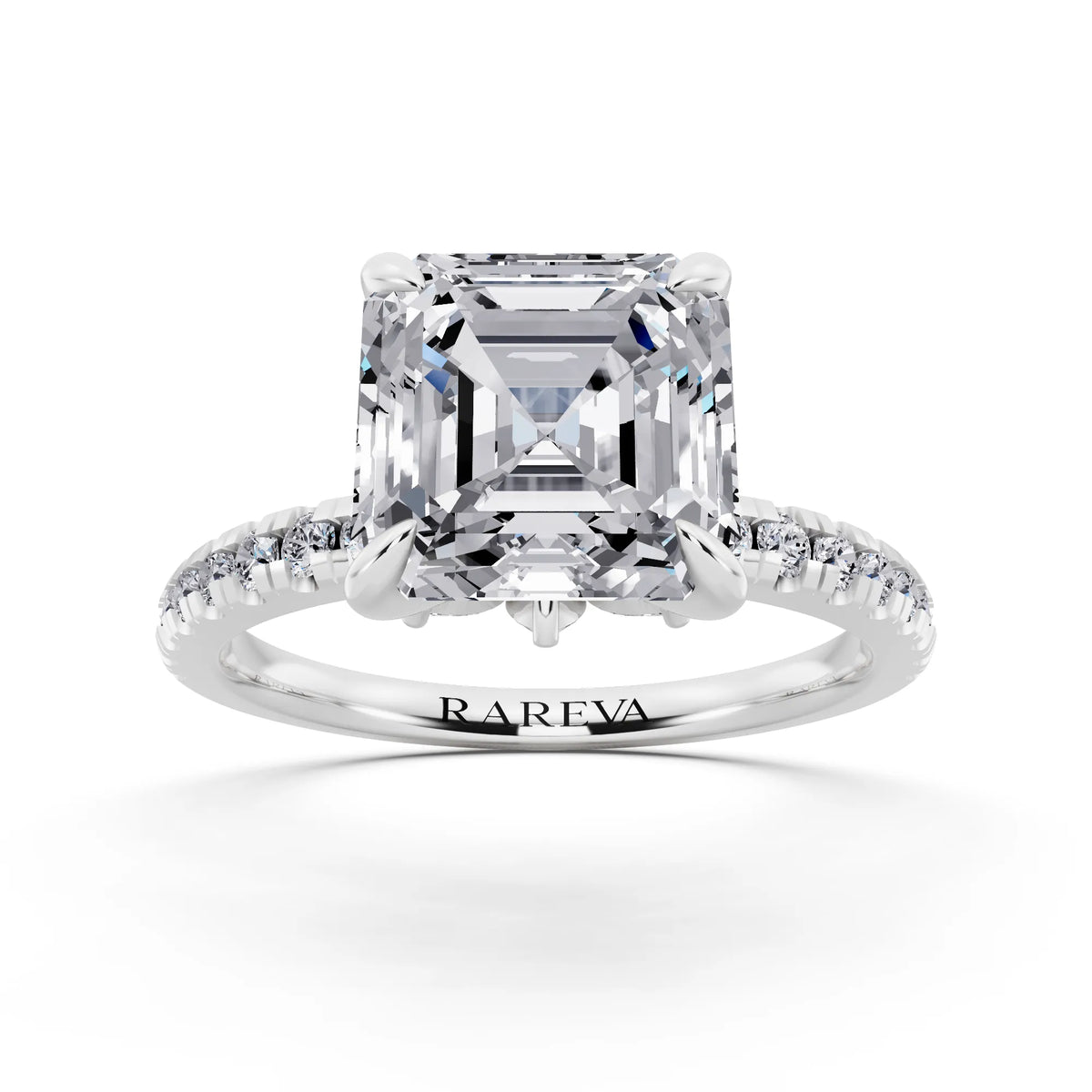 18 KT White Gold Asscher Cut Diamond Solitaire Ring with Marquise Collar - front view