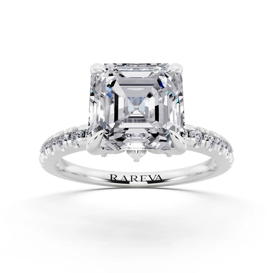 18 KT White Gold Asscher Cut Diamond Solitaire Ring with Marquise Collar - front view
