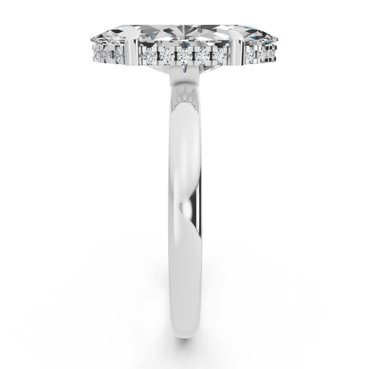 18 KT White Gold Marquise Cut Diamond Solitaire Ring with Hidden Halo - side view
