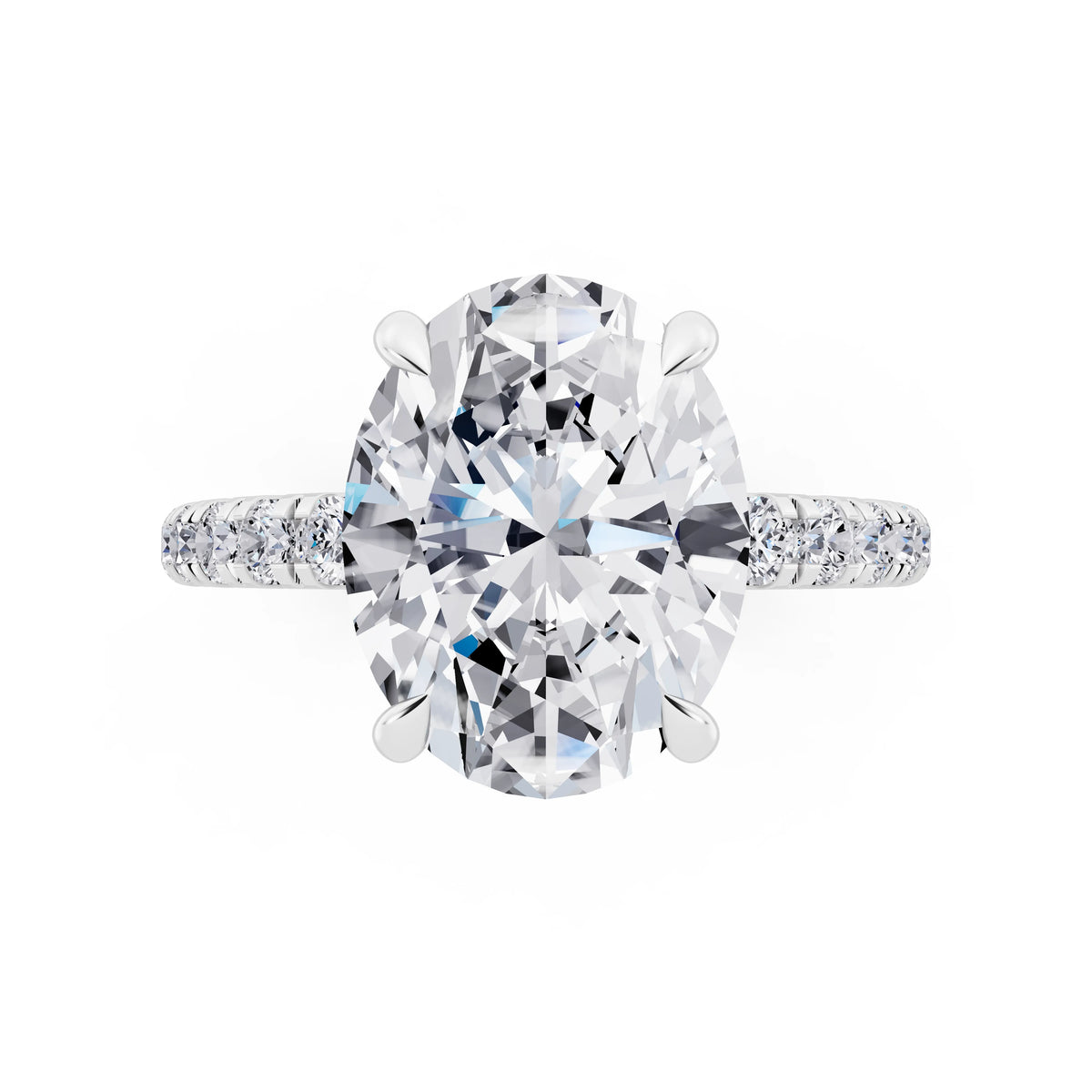 18 KT White Gold Oval Cut Diamond Solitaire Ring with Hidden Halo and French Pave Band - top angle