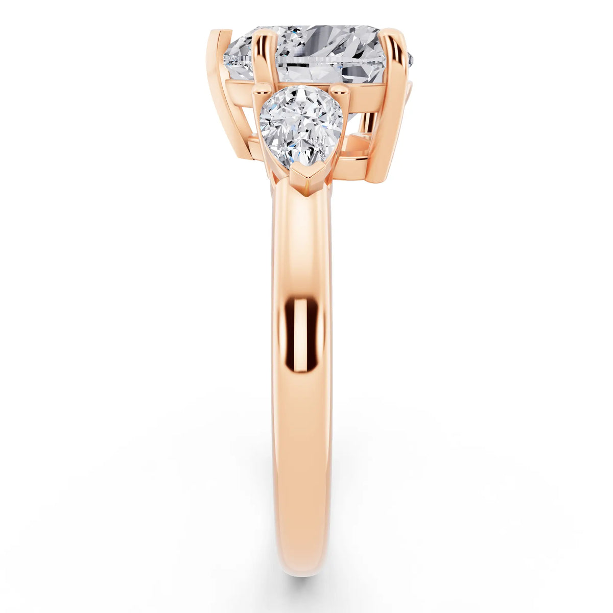 18 KT Rose Gold Heart Cut Diamond Three Stone Pear Accent Ring - side view