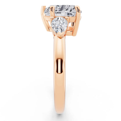 18 KT Rose Gold Heart Cut Diamond Three Stone Pear Accent Ring - side view