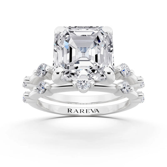 14 KT White Gold Asscher Cut Diamond Ring with Floating Accent Band - front view