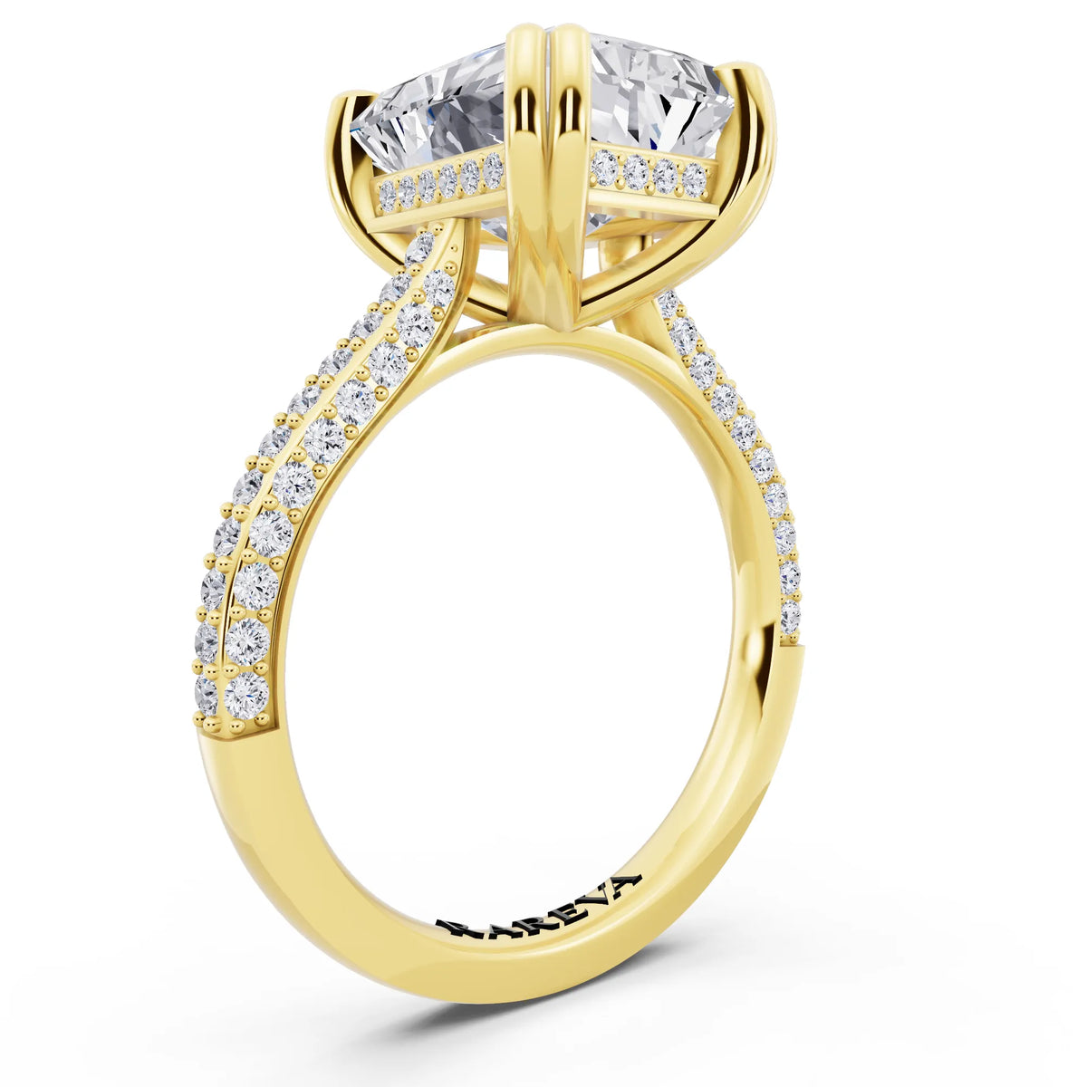 18 KT Yellow Gold Radiant Cut Diamond Hidden Halo Double Claw Pave Band Ring - top view