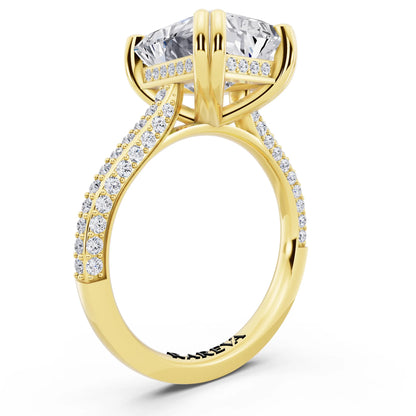 18 KT Yellow Gold Radiant Cut Diamond Hidden Halo Double Claw Pave Band Ring - top view