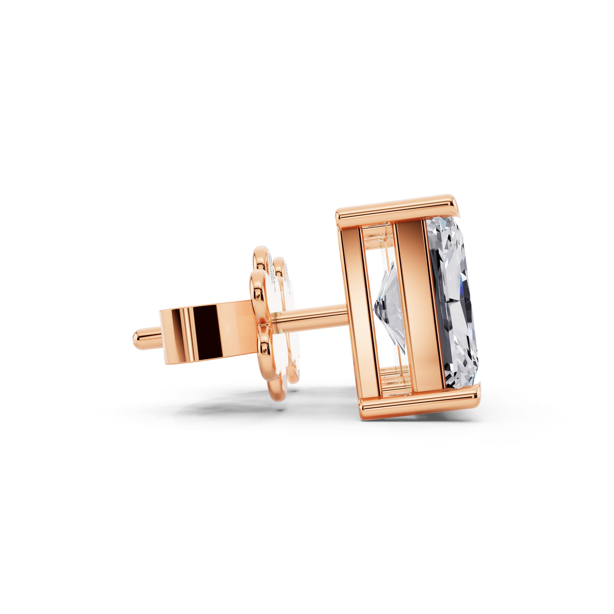Radiant cut tiger-prong diamond stud earrings in rose gold, side view