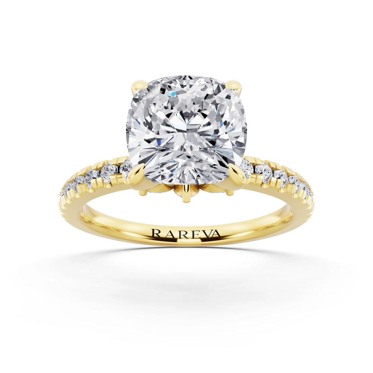 18 KT Yellow Gold Cushion Cut Diamond Solitaire Ring with Marquise Collar - front view