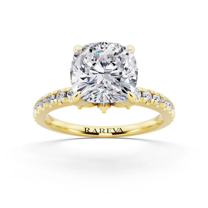 18 KT Yellow Gold Cushion Cut Diamond Solitaire Ring with Marquise Collar - front view