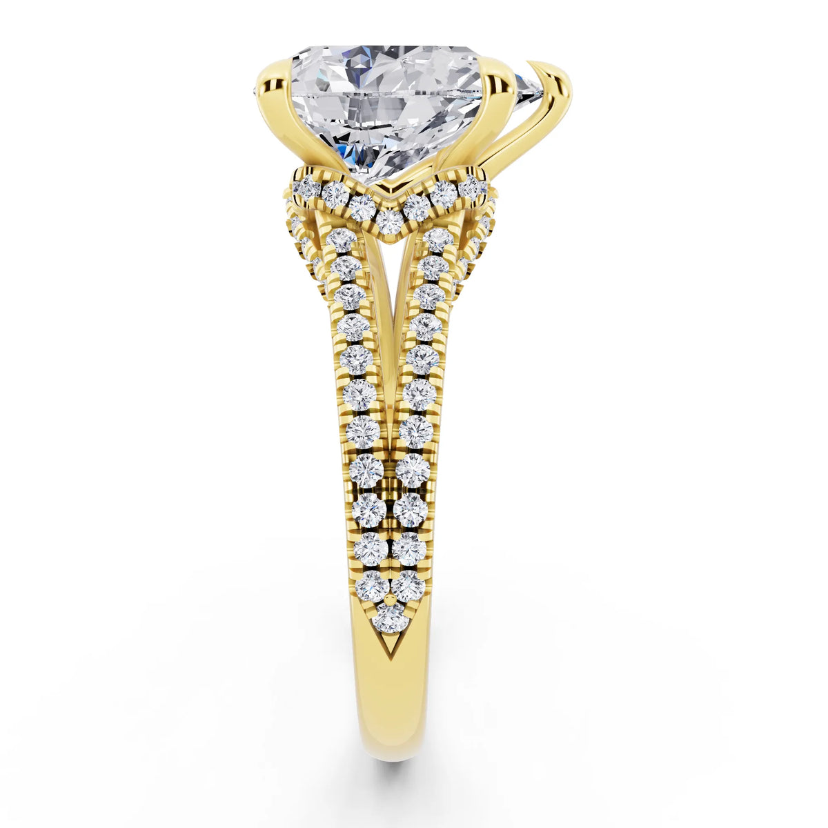 14 KT Yellow Gold Pear Cut Diamond Ring with Pavé Split Shank - side view