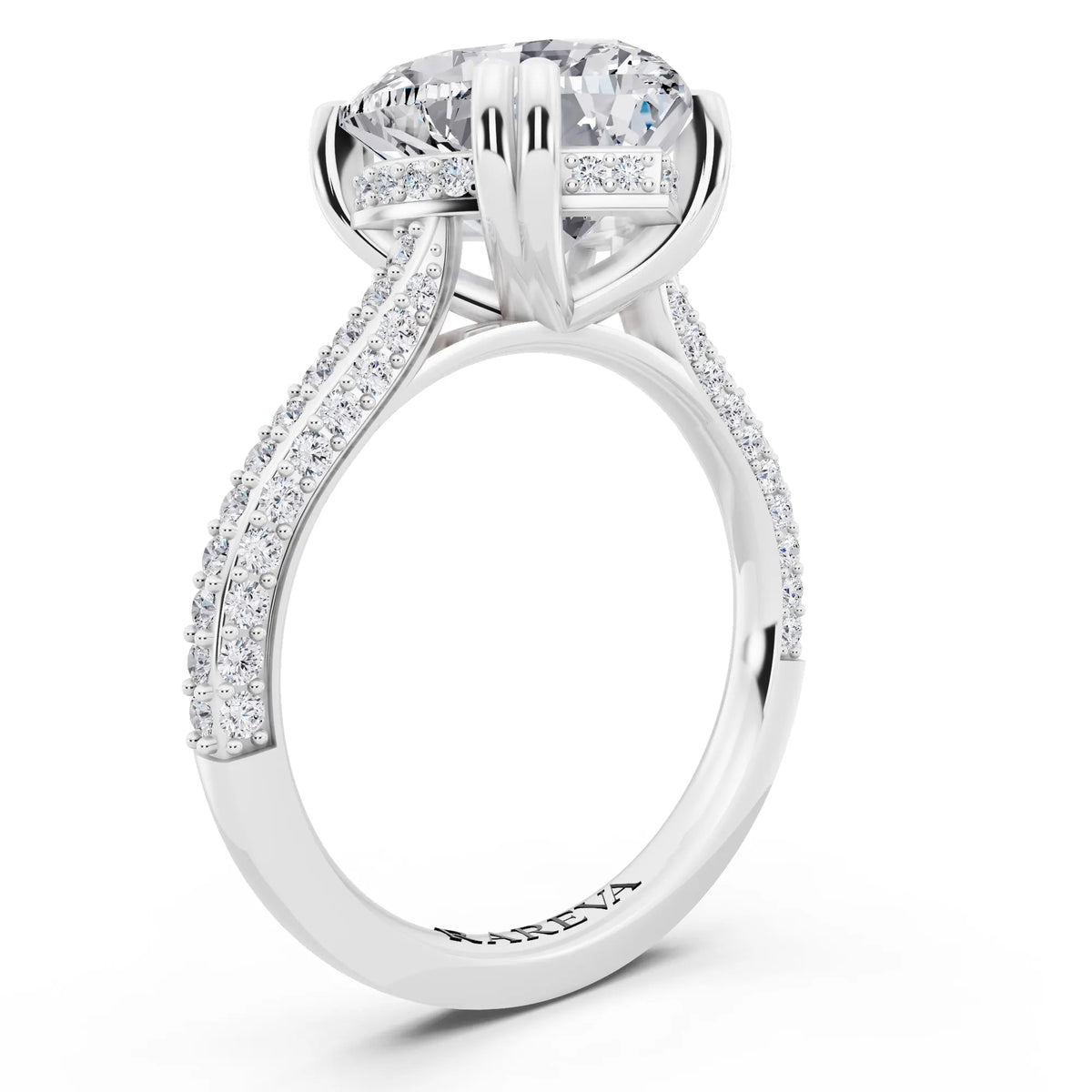Platinum Heart Cut Diamond Hidden Halo Double Claw Pave Band Ring - top view