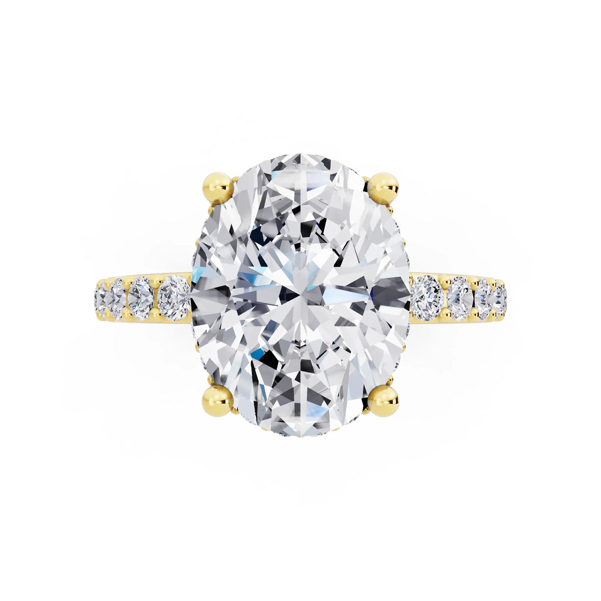 18 KT Yellow Gold Oval Cut Diamond Solitaire Ring with Hidden Halo and Pave Band - top angle